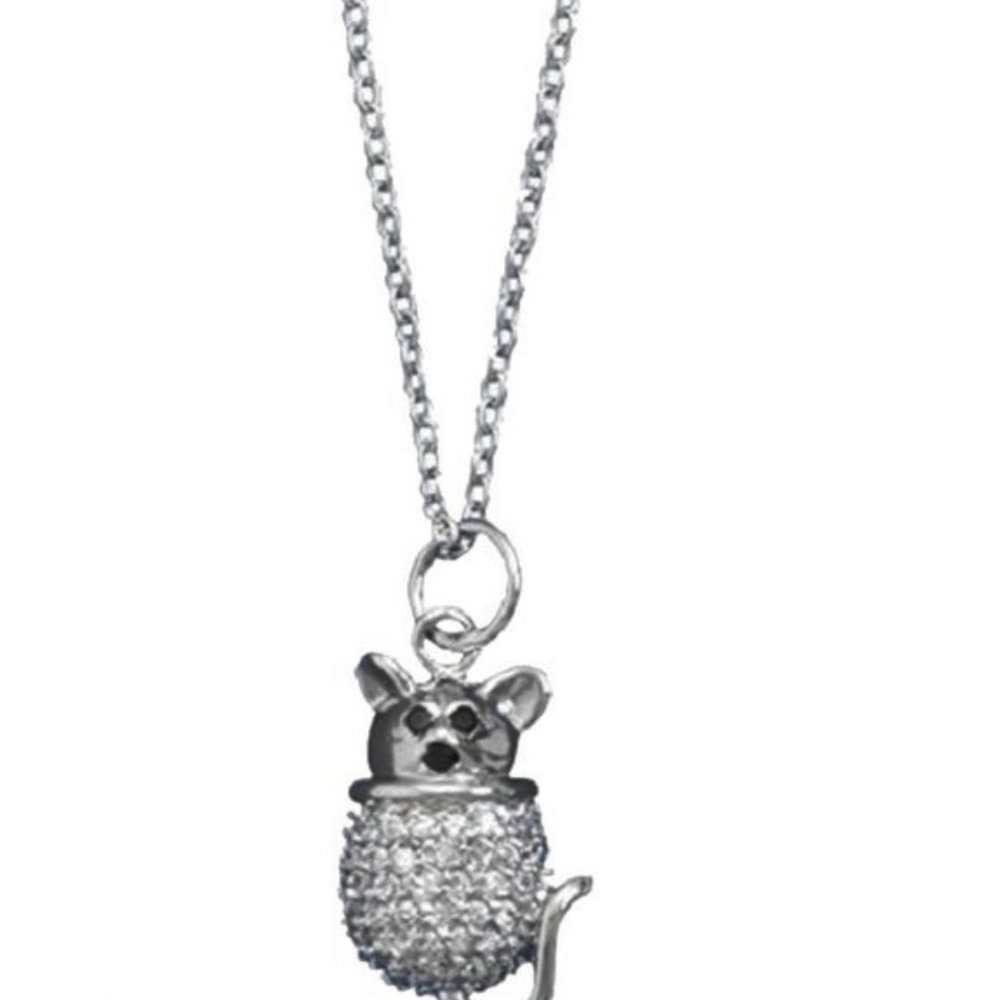 Silver Sterling Rhodium Plated Cz Mouse Necklace